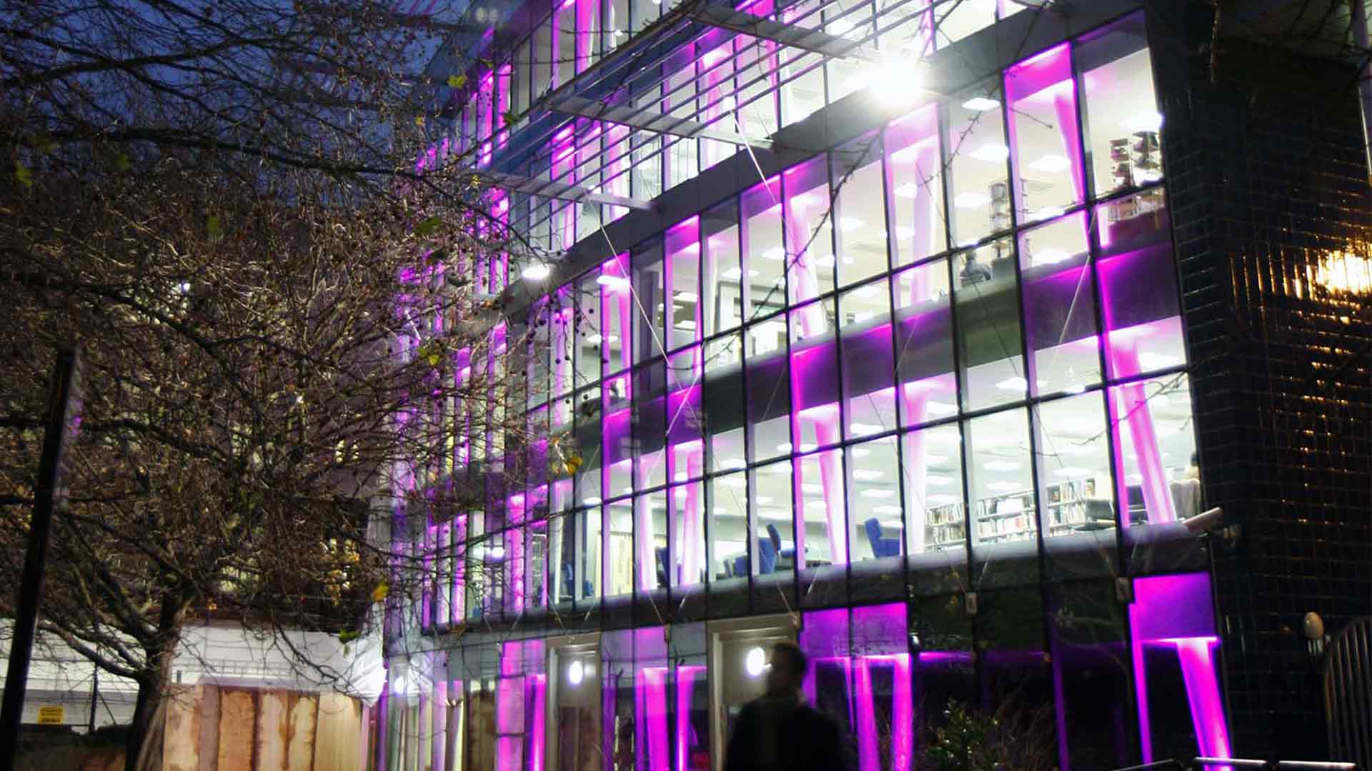 Feature Lighting Design New Building Exterior Purple Illumination Nulty