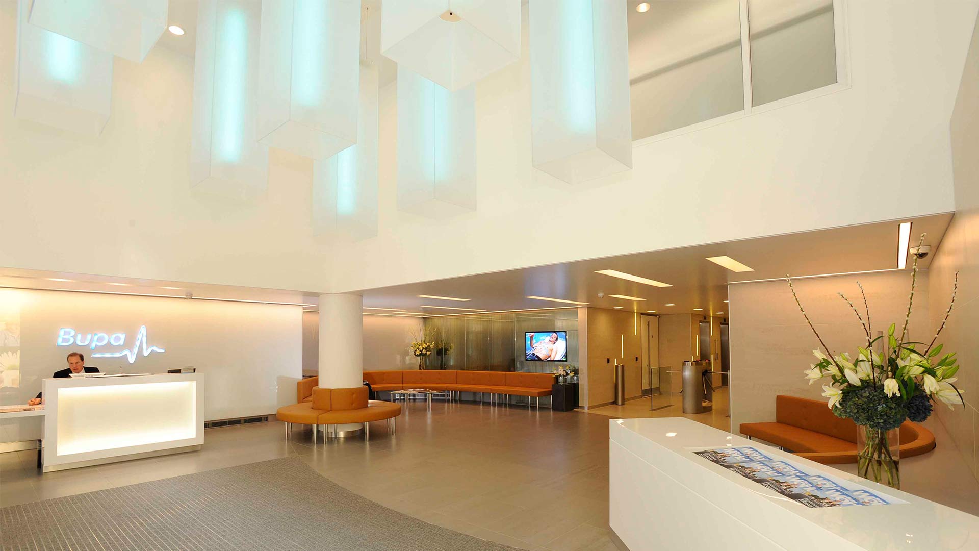 Commercial Foyer Office Interior Lighting Design Linear Pendants Nulty