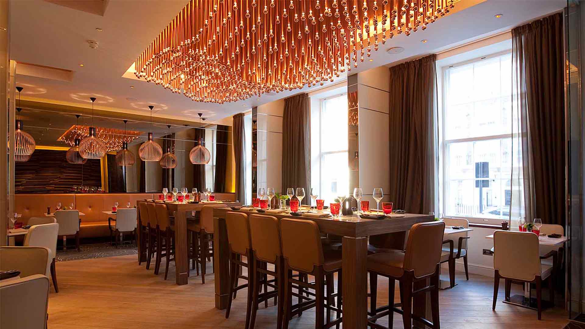Centrepiece Lighting Chandelier Bespoke Copper Rods Restaurant Nulty