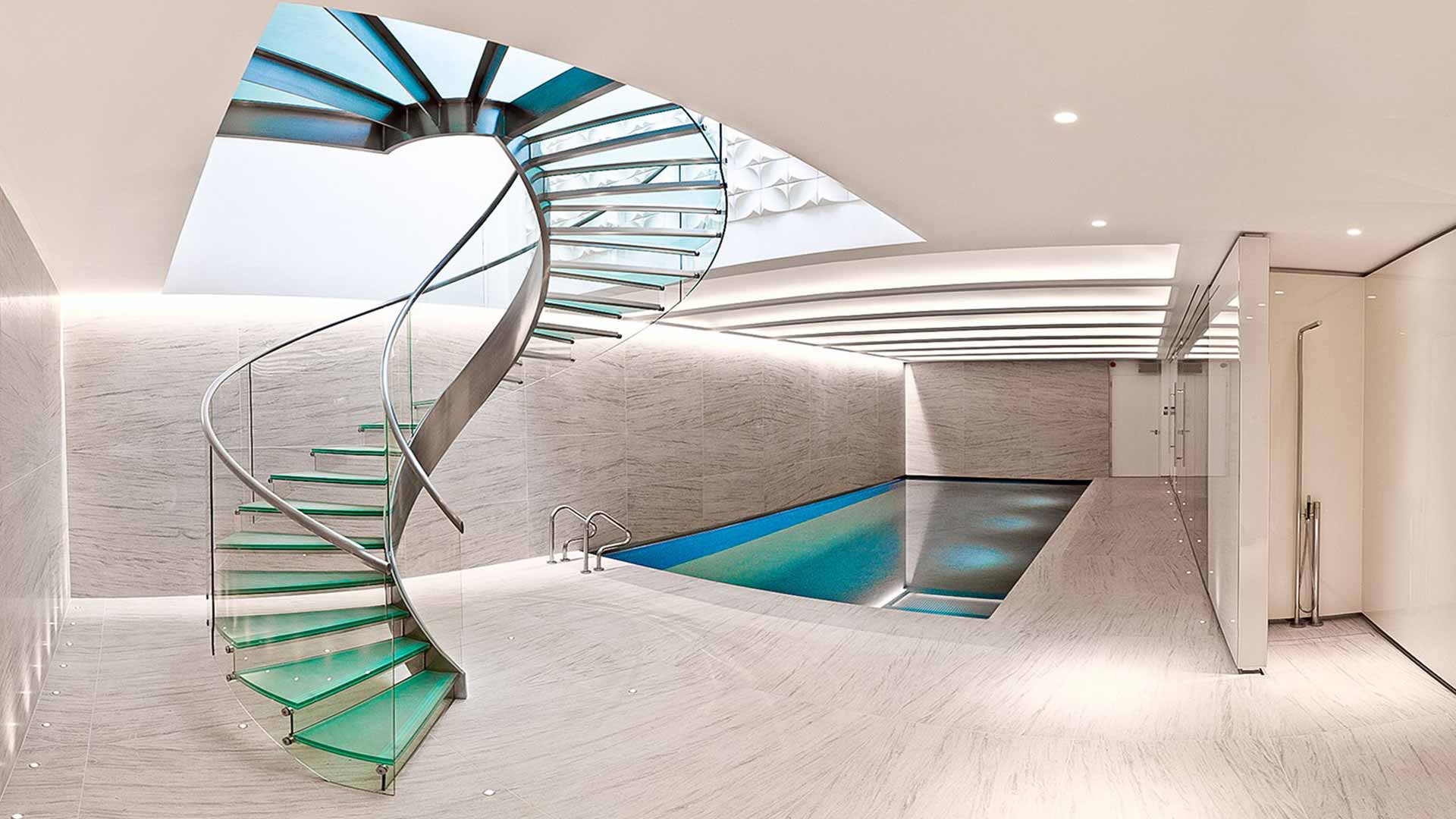 Luxurious Swimming Pool Spiral Stairs High End Residential Refurbishment Lighting Nulty