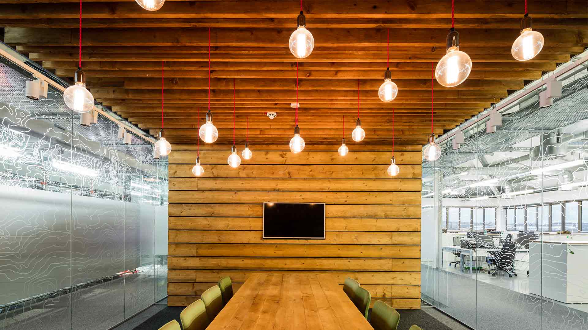 Stylish Meeting Room Wood Glass Ceiling Suspended Lighting Detail Specialist Nulty