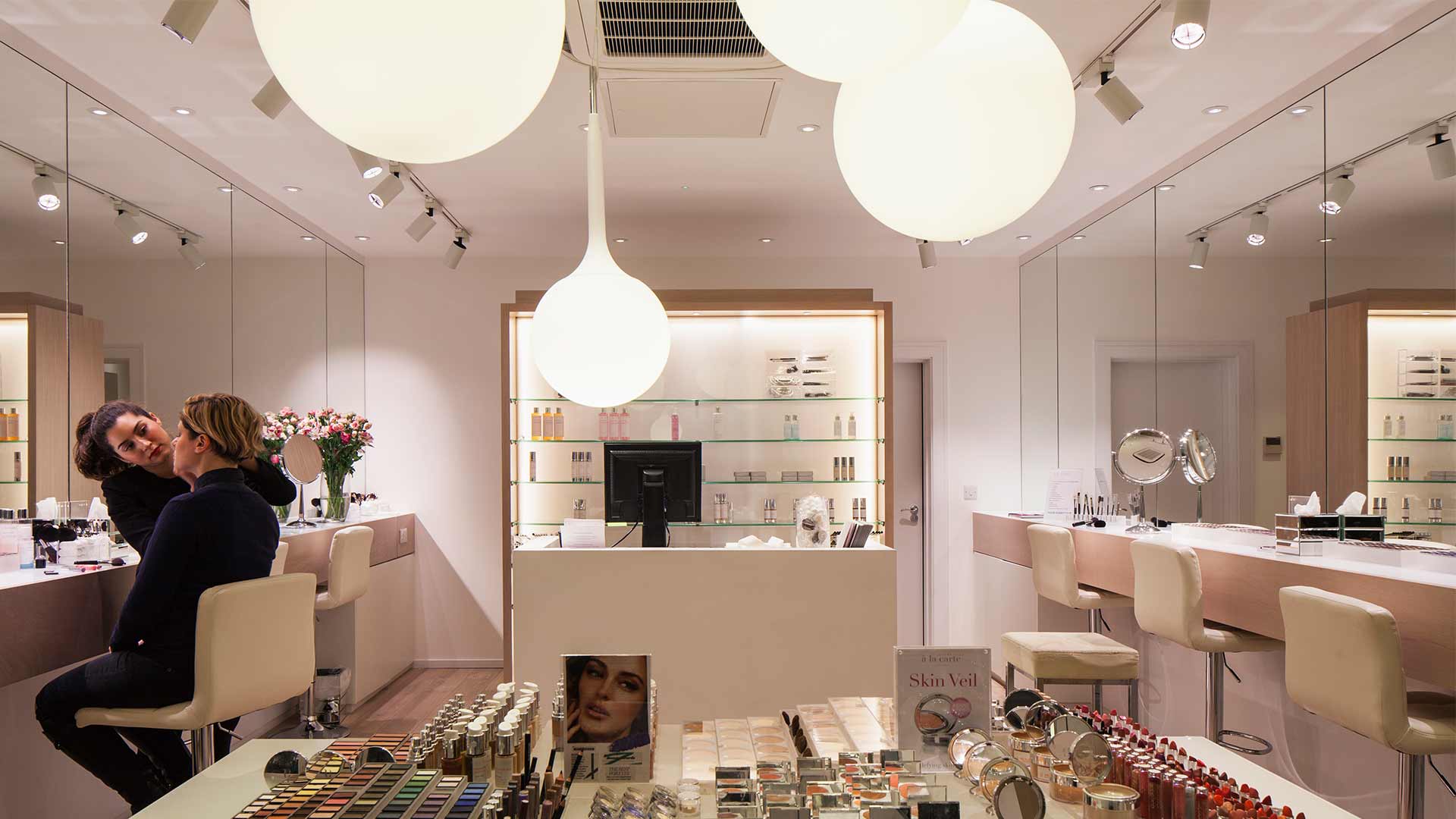 Interior Retail Store Beauty Skin Tone Globe Pendants Lighting Design Nulty