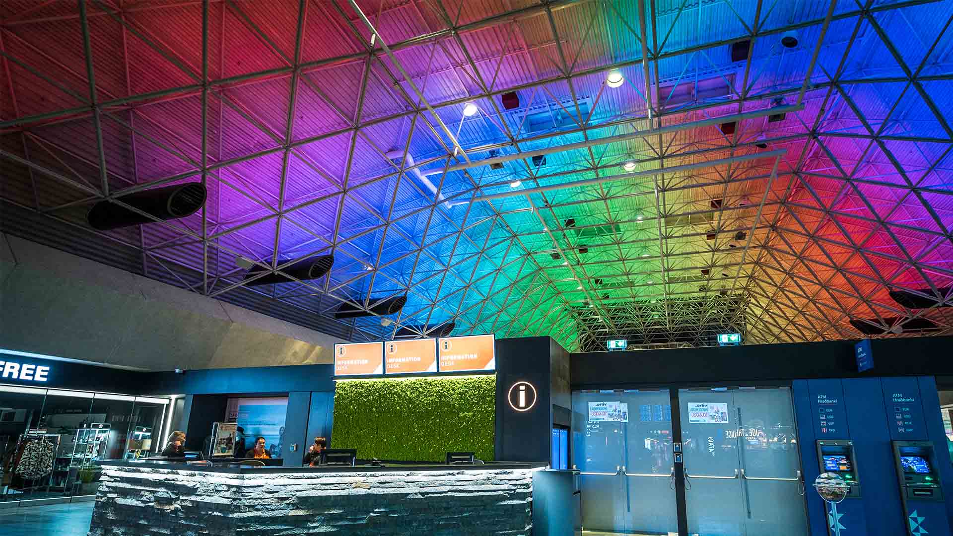 Colourful Light Ceiling Installation Airport Iceland Northern Lights Nulty