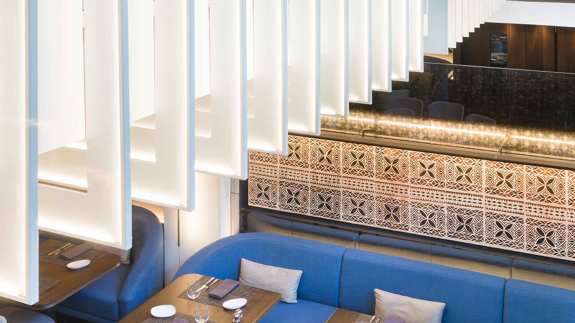 White Vertical Fins Interior Architectural Light Art Installation Restaurant Nulty