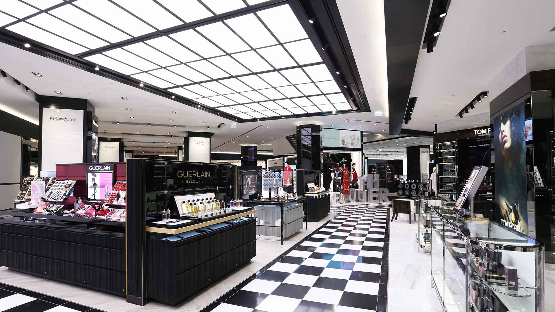 Bespoke Skylight Retail Lighting Scheme Black White Beauty Hall Designers Nulty