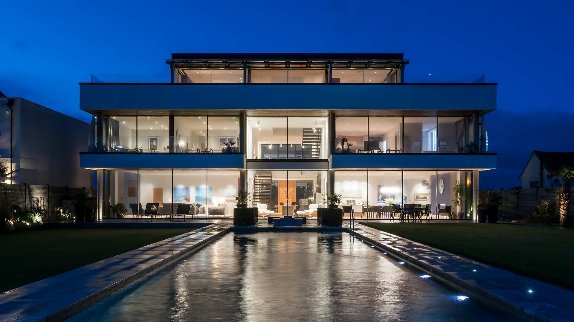 Architectural Lighting Design Modern Glass Seafront House Infinity Pool England Consultants Nulty