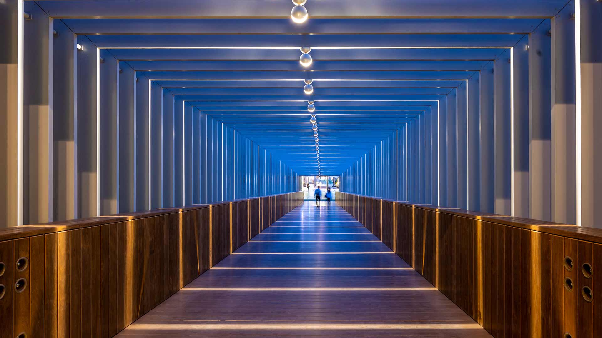 Lighting Design Interior Bridge Walkway 360 Degree Repetitive Bands Halos Portal Light Dubai Nulty