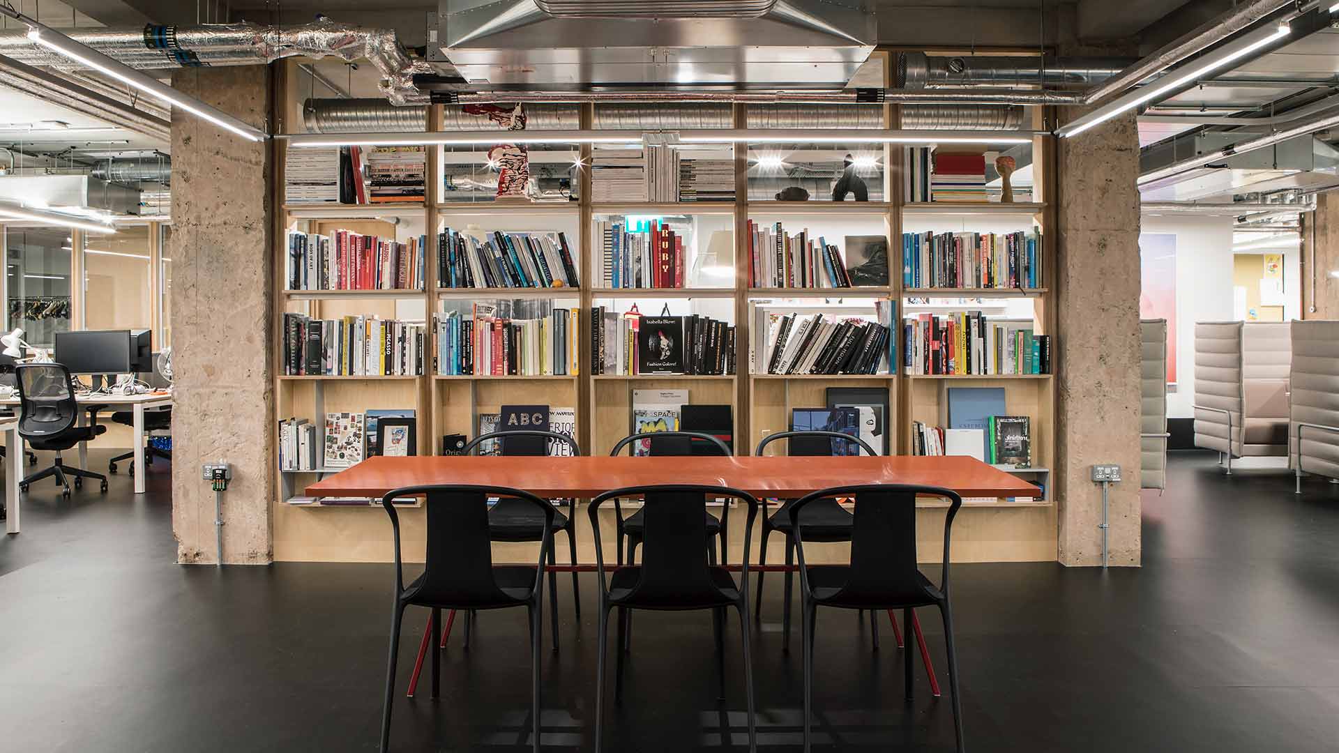 Lighting Design Creative Workplace Breakout Space Table Chairs Library Bookshelves London Nulty