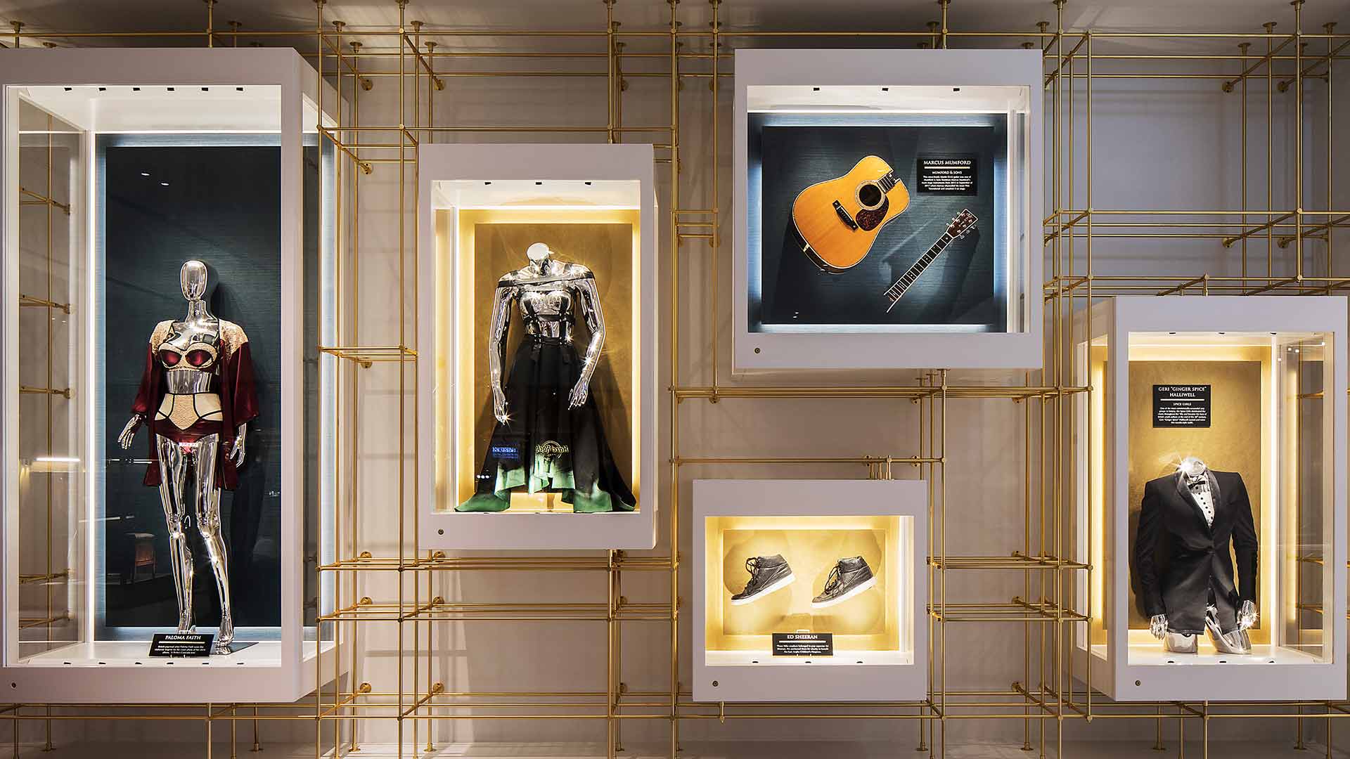 Lighting Design Illuminated Wall Mounted Display Cases Music Memorabilia Ed Sheeran Geri Halliwell Hard Rock Hotel Nulty