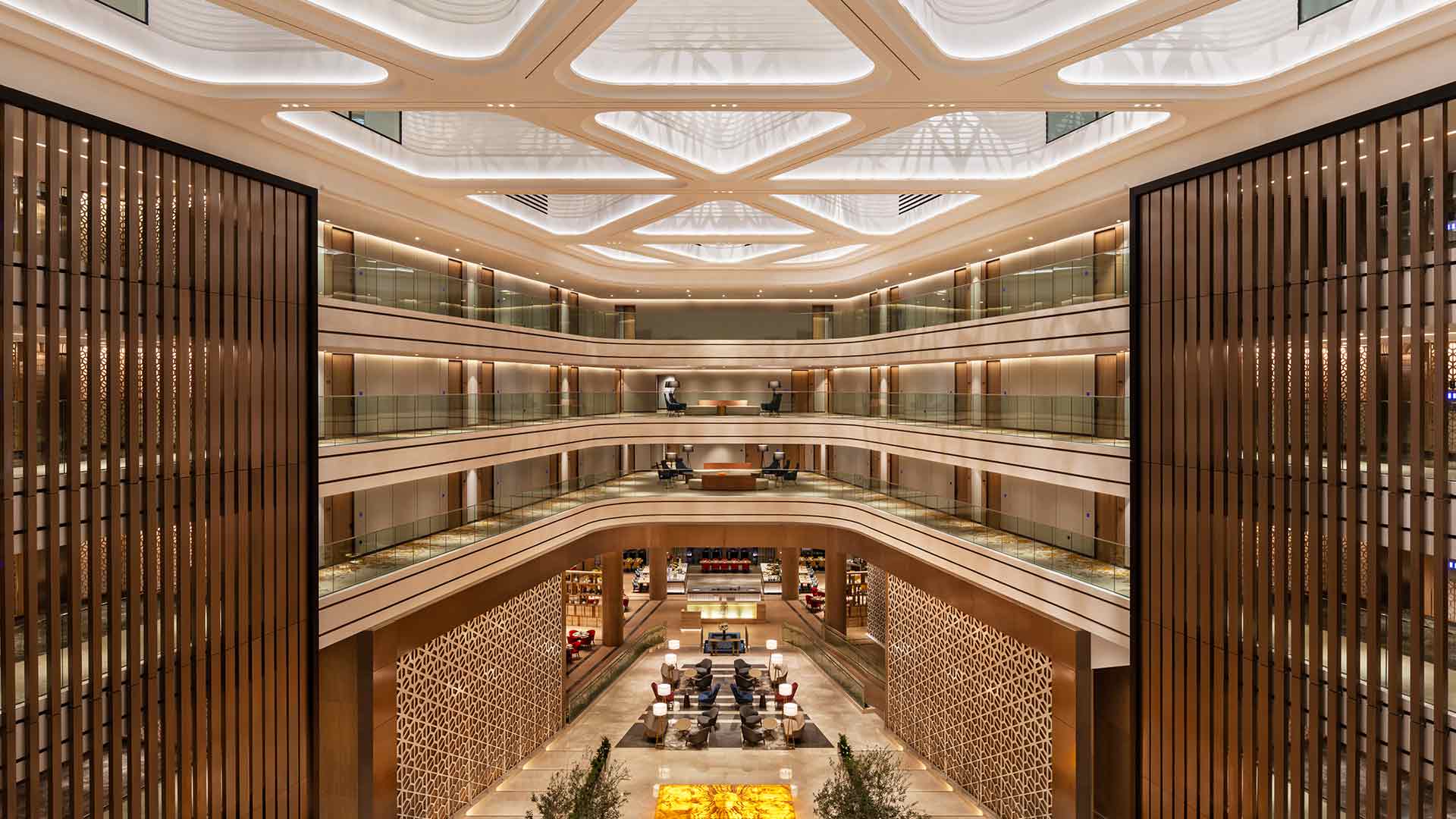 Architectural Lighting Design Commanding Hotel Atrium Skylight Intricate Mashrabiya Details Dubai Nulty