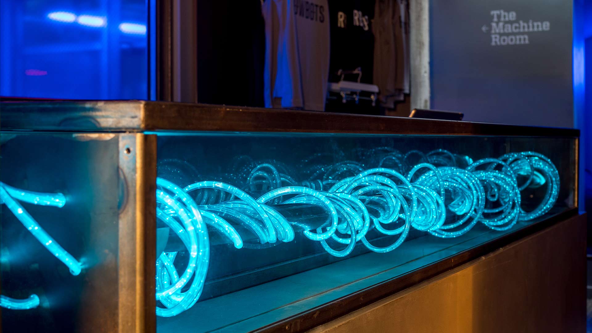 Dramatic Encased Fibre Optic Blue Light Installation Reception Desk Rowbots Gym Lighting Designers London Nulty