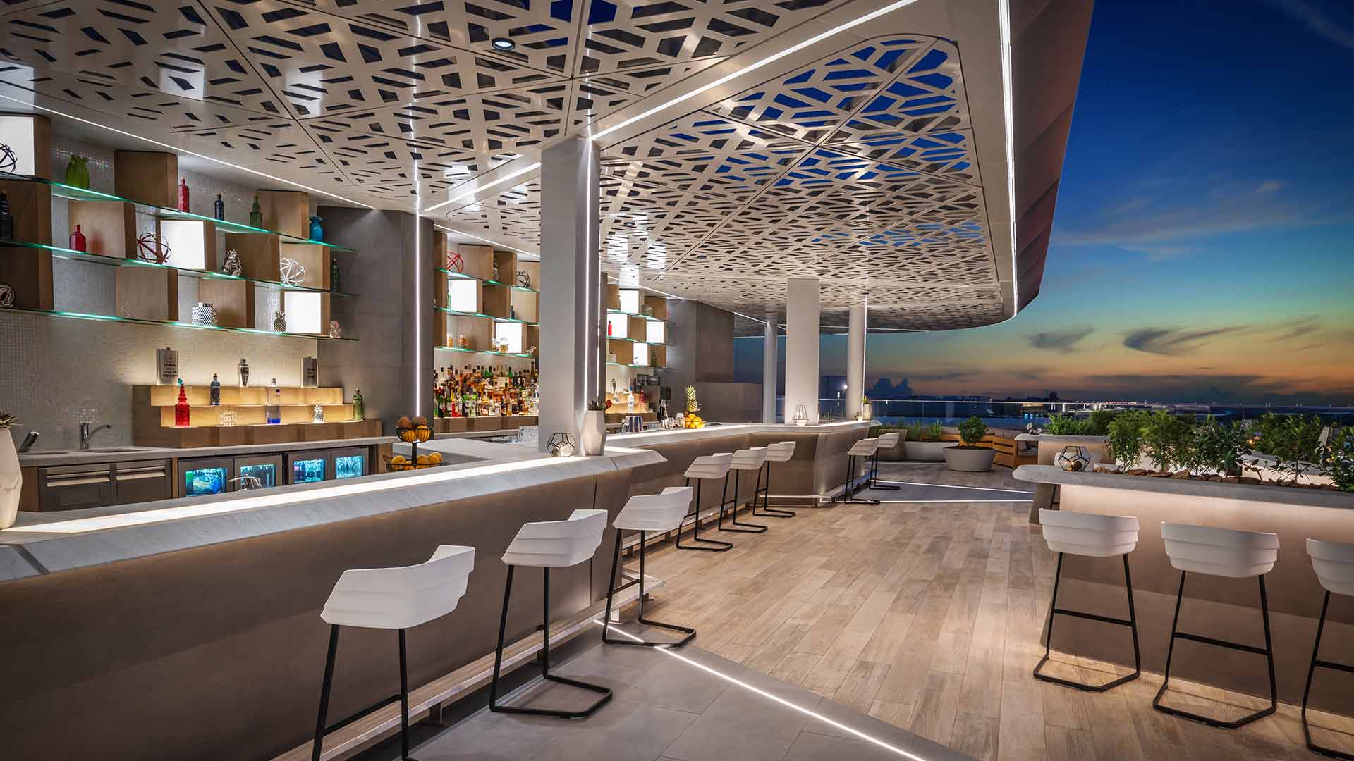 Architectural Lighting Design Outdoor Rooftop Bar Cool Crisp Linear Lights Floor Mashrabiya Ceiling Integrated Bar Illumination Bibe Dubai Nulty