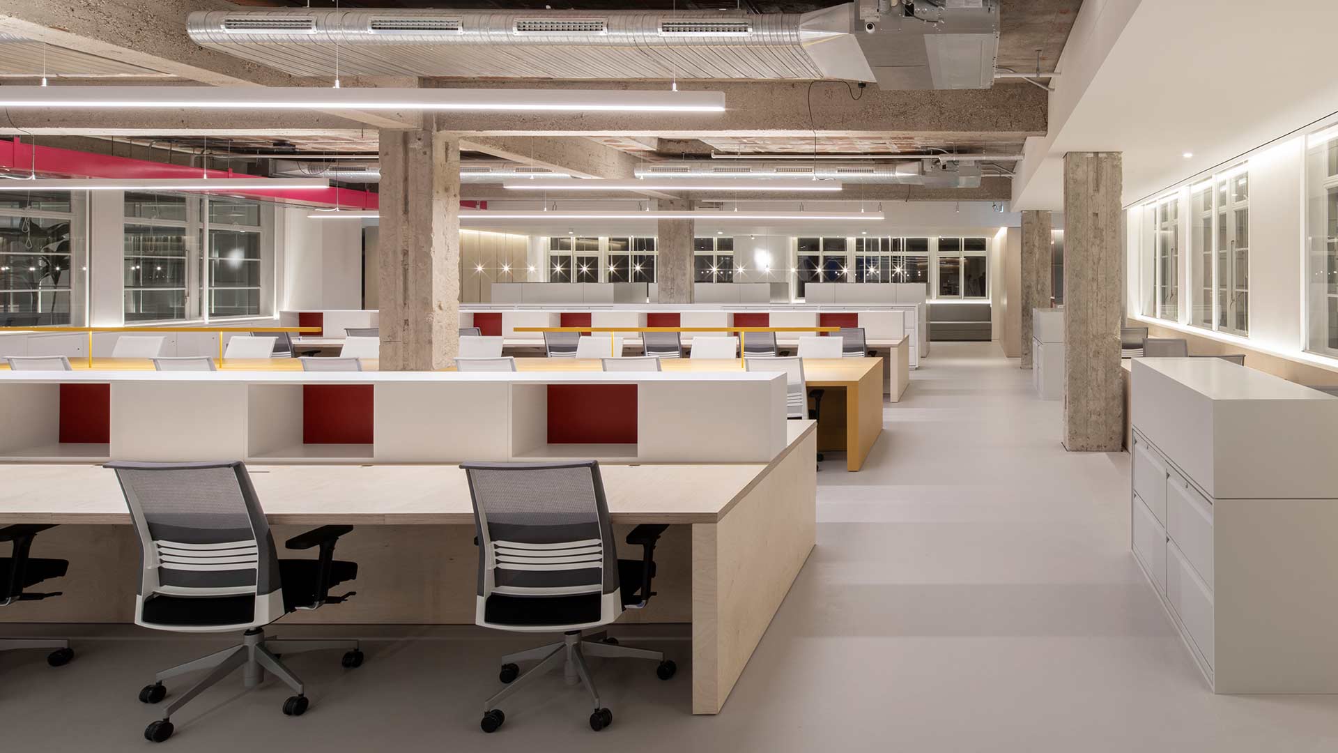 Architectural Lighting Design Open Plan Office Desks Exposed Ceilings Brutalist Interior Selfridges Buying Merchandising Offices Consultants Nulty