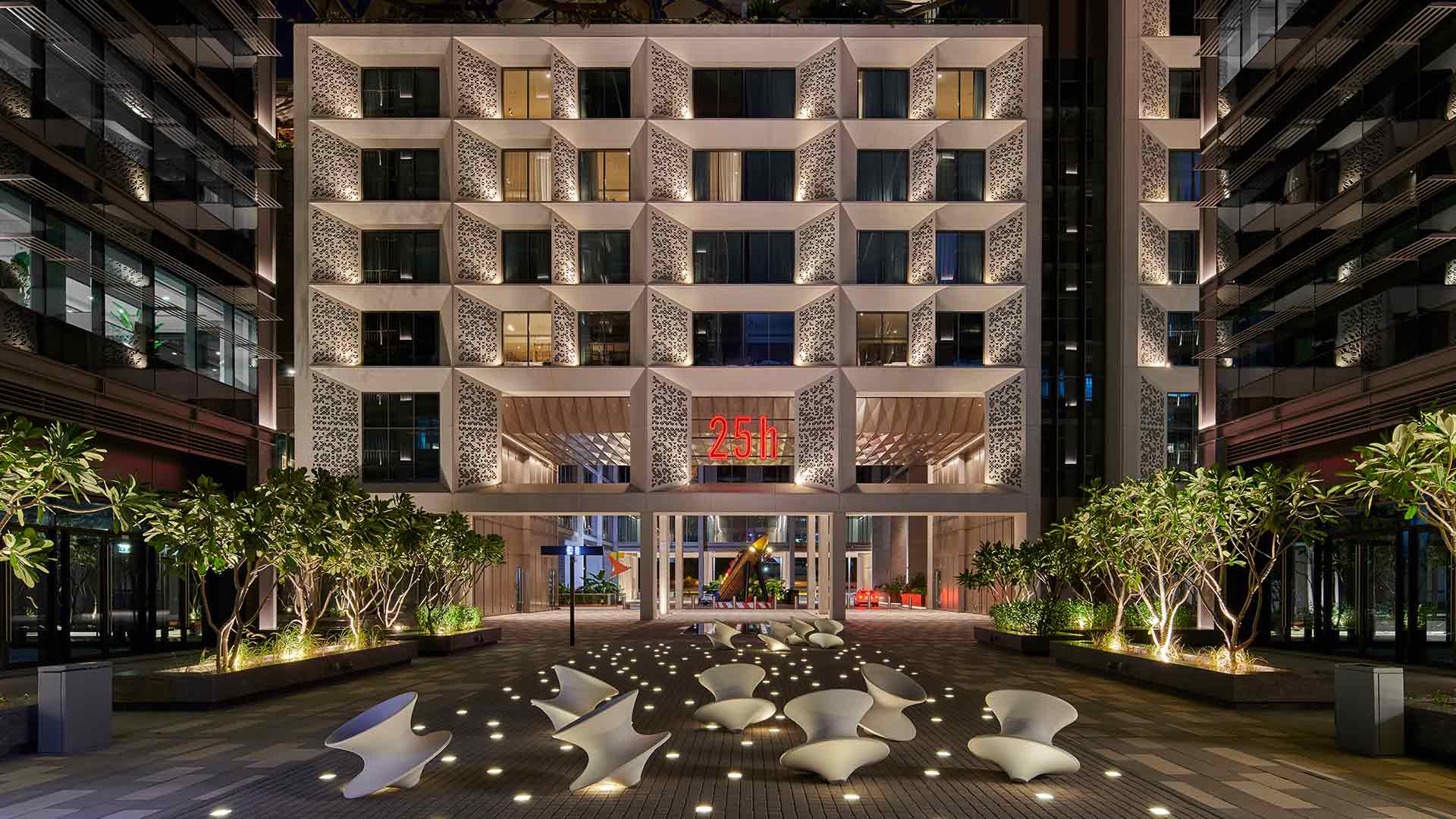 Exterior Lighting Design 25hours Hotel Dubai Illuminated Facade Pathway Landscape UAE Consultants Nulty
