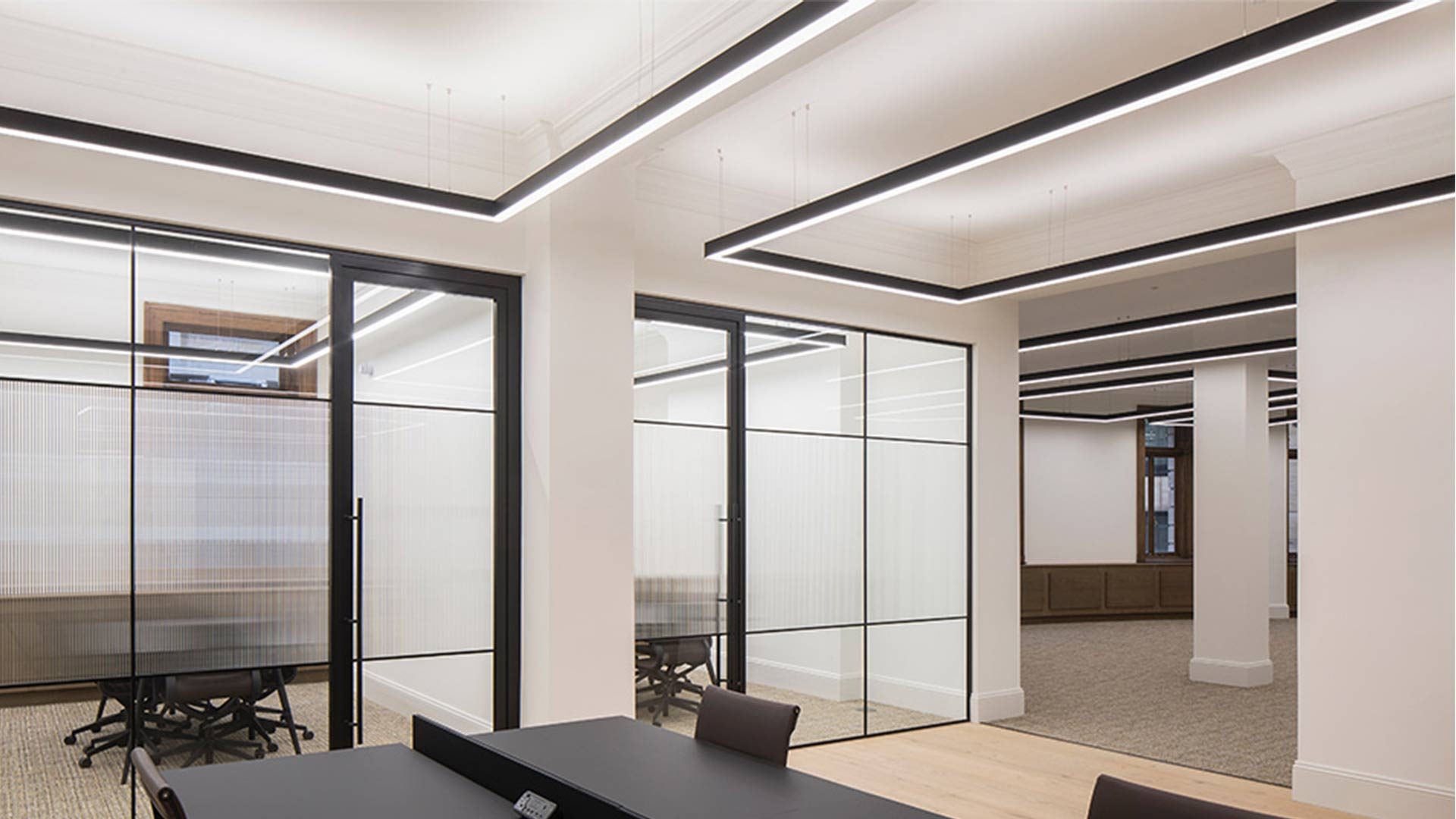 London Wall Office Space Frames Limes Light Illuminating Desk Workspace Interior Lighting Designers Nulty