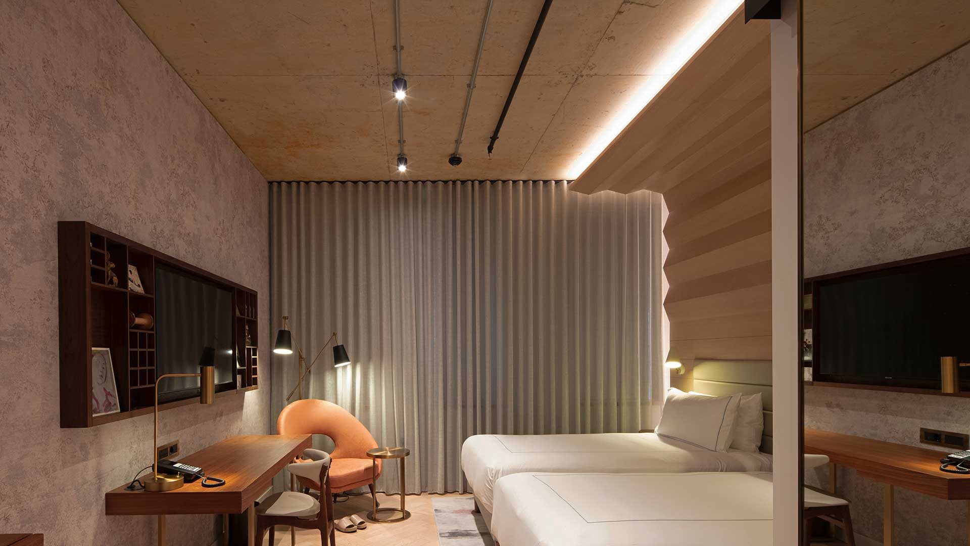 London Hotel Hospitality Guestroom Integrated Canopy Layered Light Illuminating Soft Lighting Designers Nulty