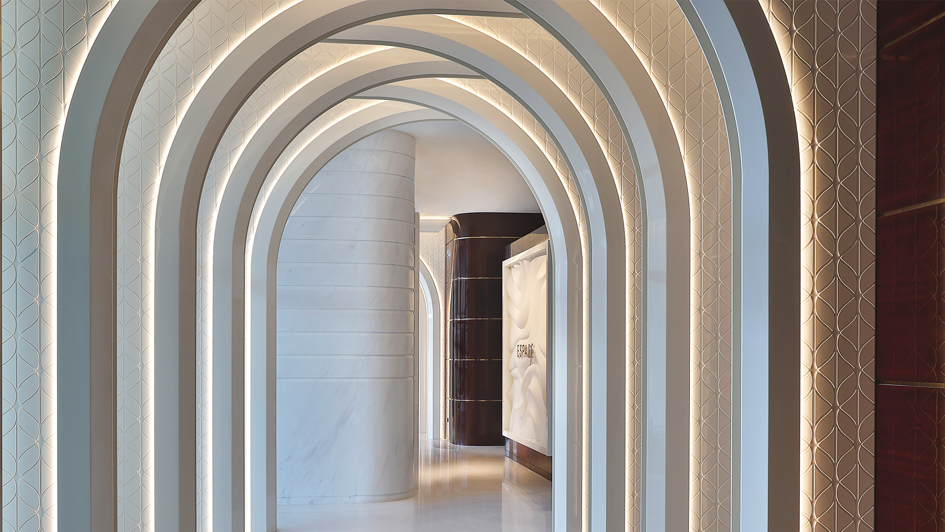 The Waldorf Astoria Lusail Doha ESPA Feature Arches of Linear Light Architectural Lighting Design Consultants Nulty