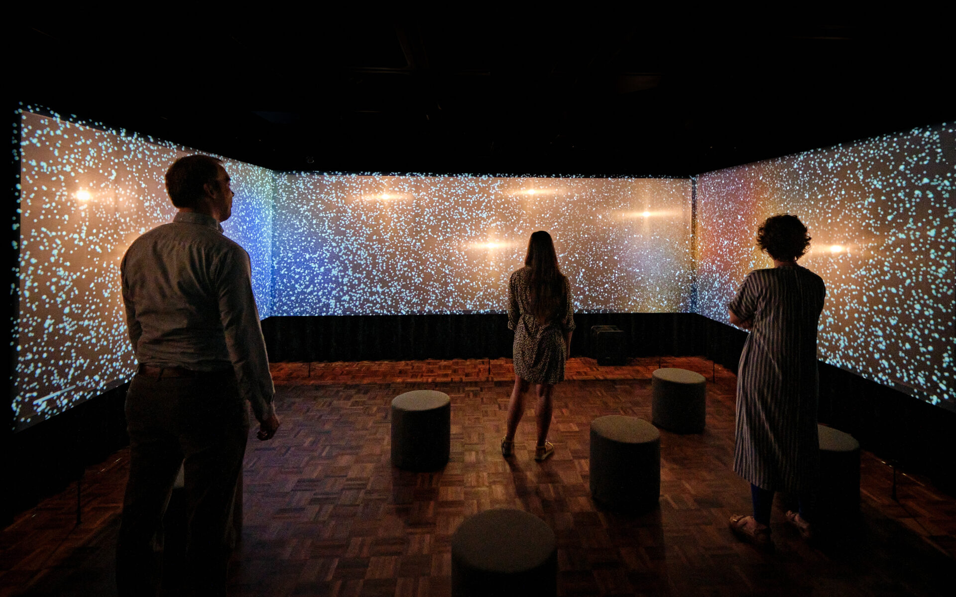 area 1 Calibration – Seeing Sound Guests are welcomed by a three-sided projection space where light pulses in synchrony with music.